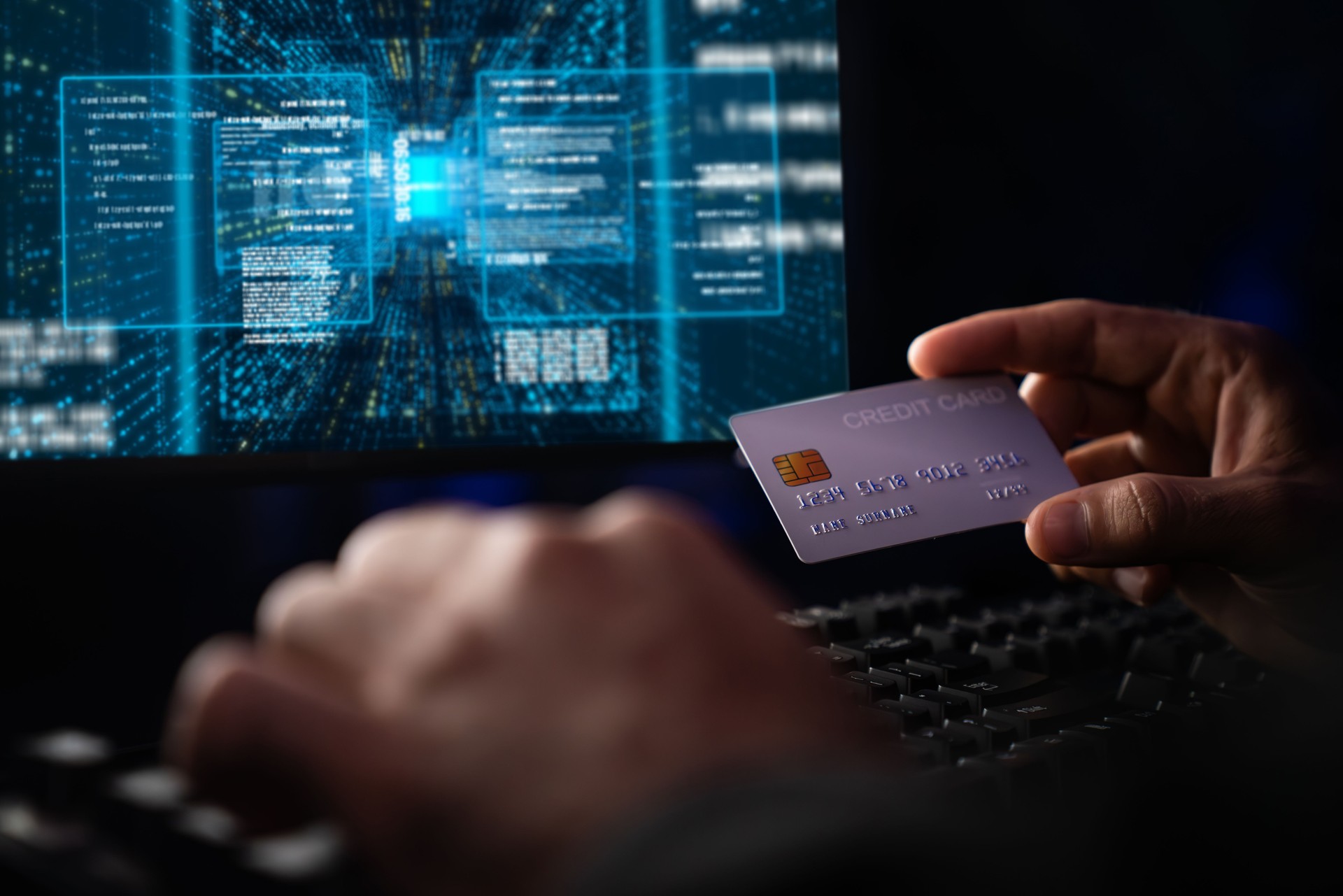 Cropped hands image in criminal anonymous male approaching credit card. Surmise.