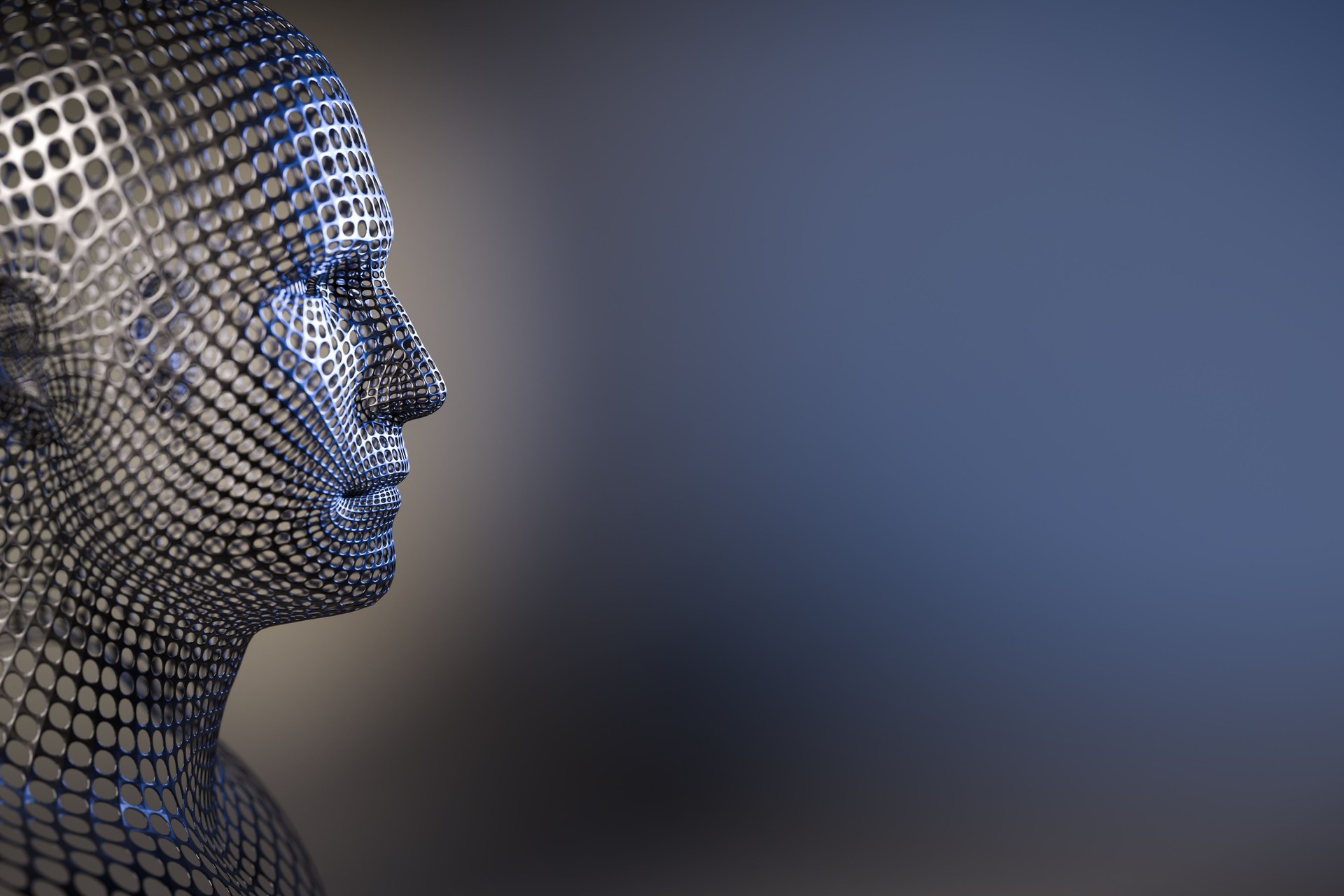 Digitized Model of a male human head. Science fiction robot concept - cyborg, artificial intelligence.