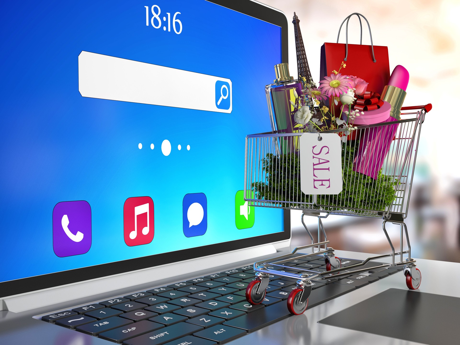 E-commerce. Shopping cart on laptop. Conceptual image