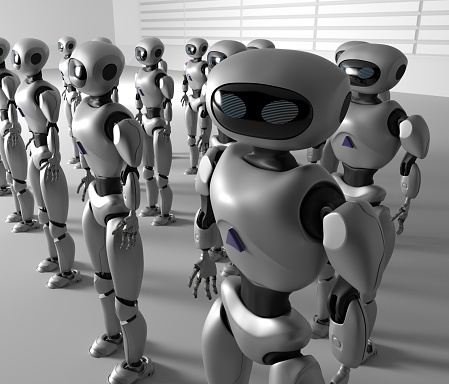mass of many robots. a crowd of android cyborg. 3d render.